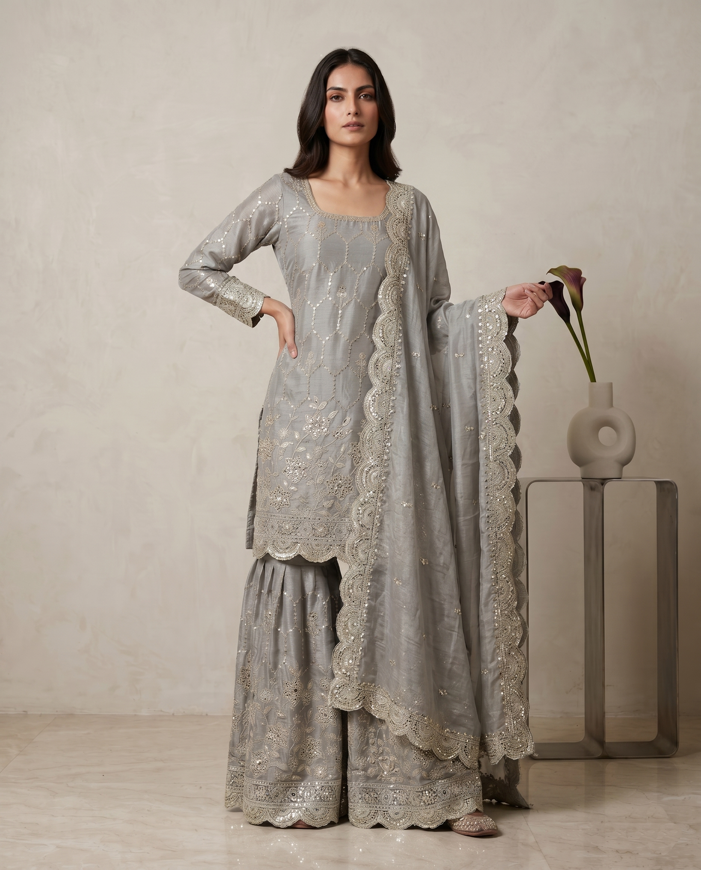 Elegant  Designer Grey Readymade Salwar Suit
