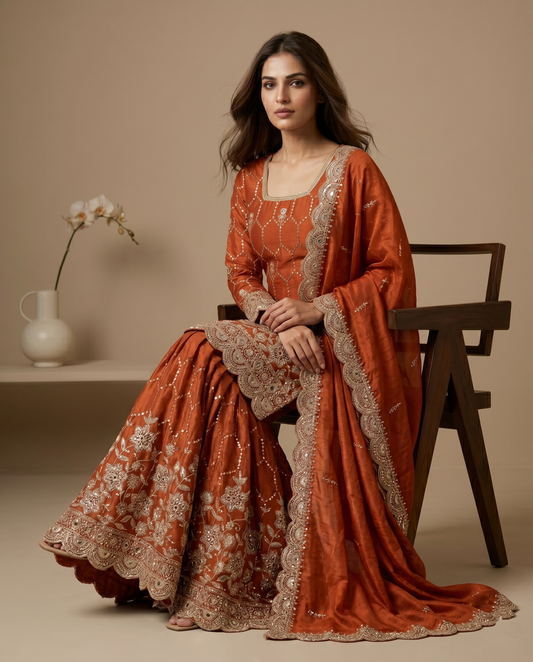 Elegant  Designer Burnt Orange Readymade Salwar Suit