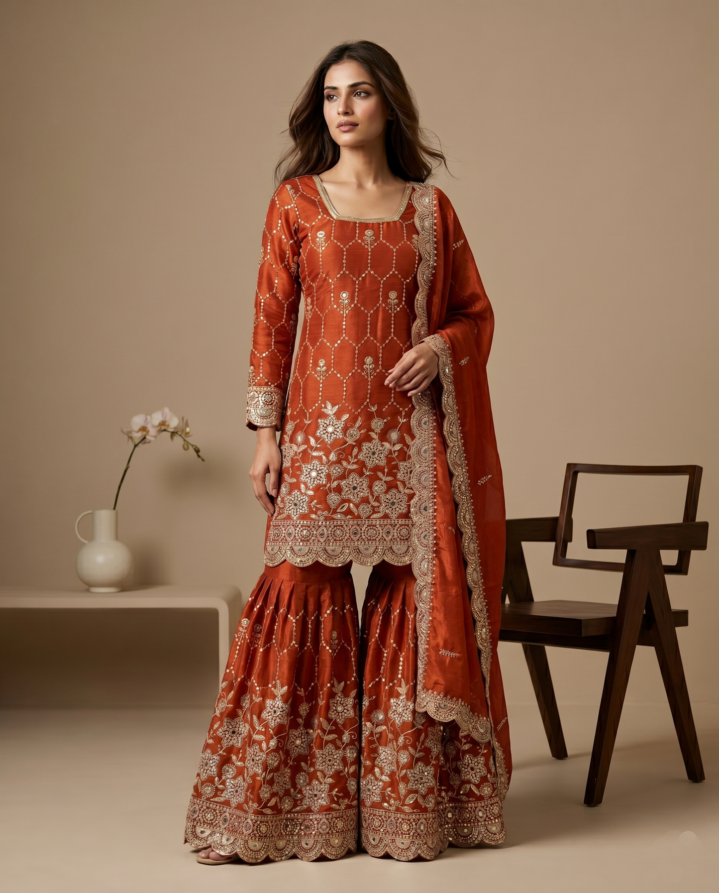 Elegant  Designer Burnt Orange Readymade Salwar Suit