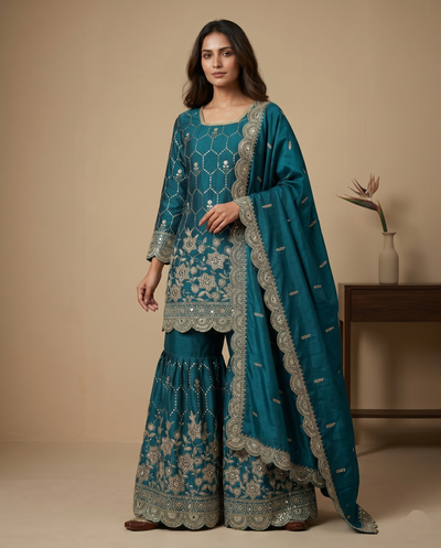 Elegant  Designer Teal Green Readymade Salwar Suit
