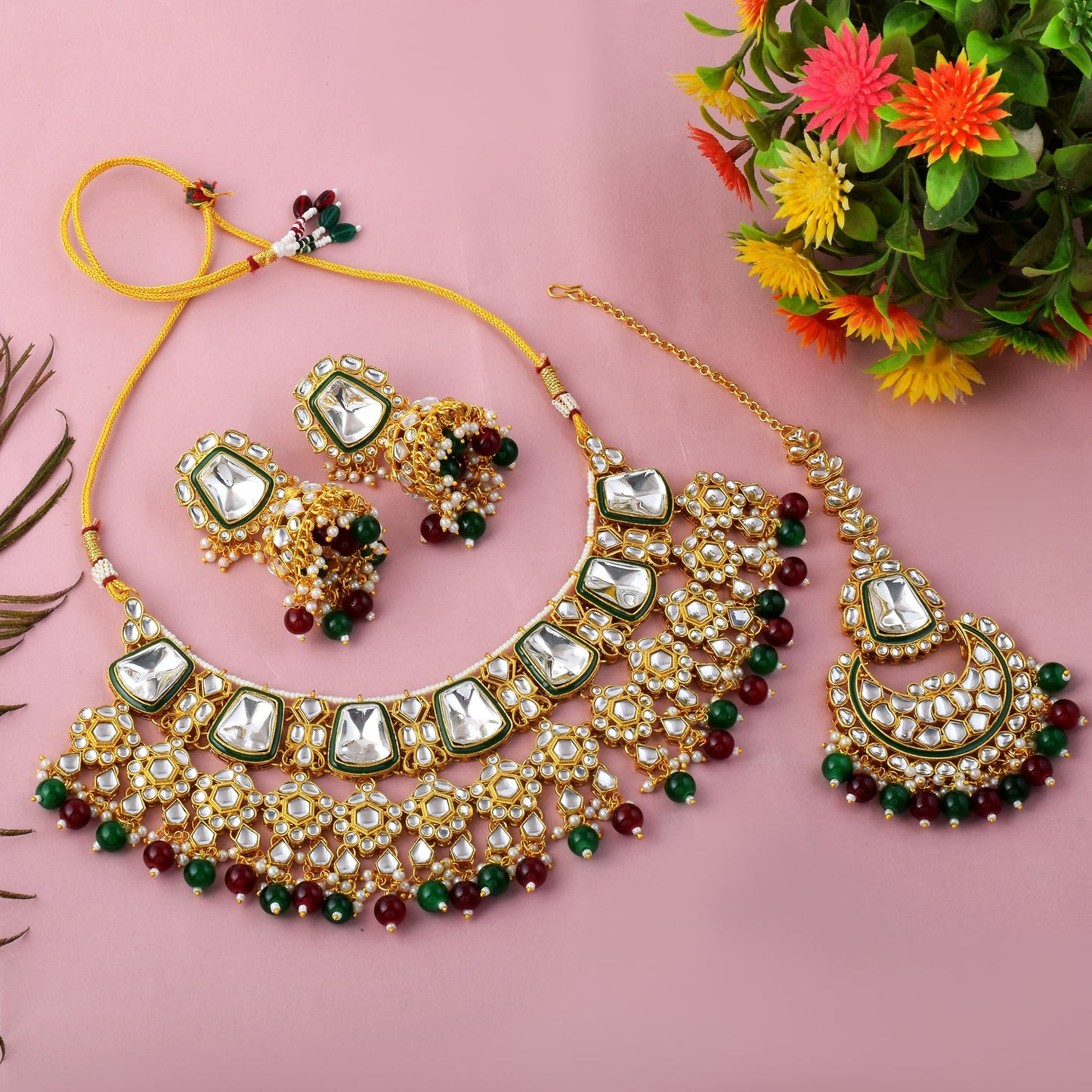 Classic Multicolor Kundan Bridal Necklace Set with Maang Tikka