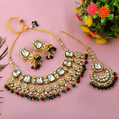 Classic Multicolor Kundan Bridal Necklace Set with Maang Tikka