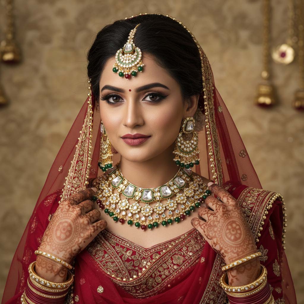 Classic Multicolor Kundan Bridal Necklace Set with Maang Tikka