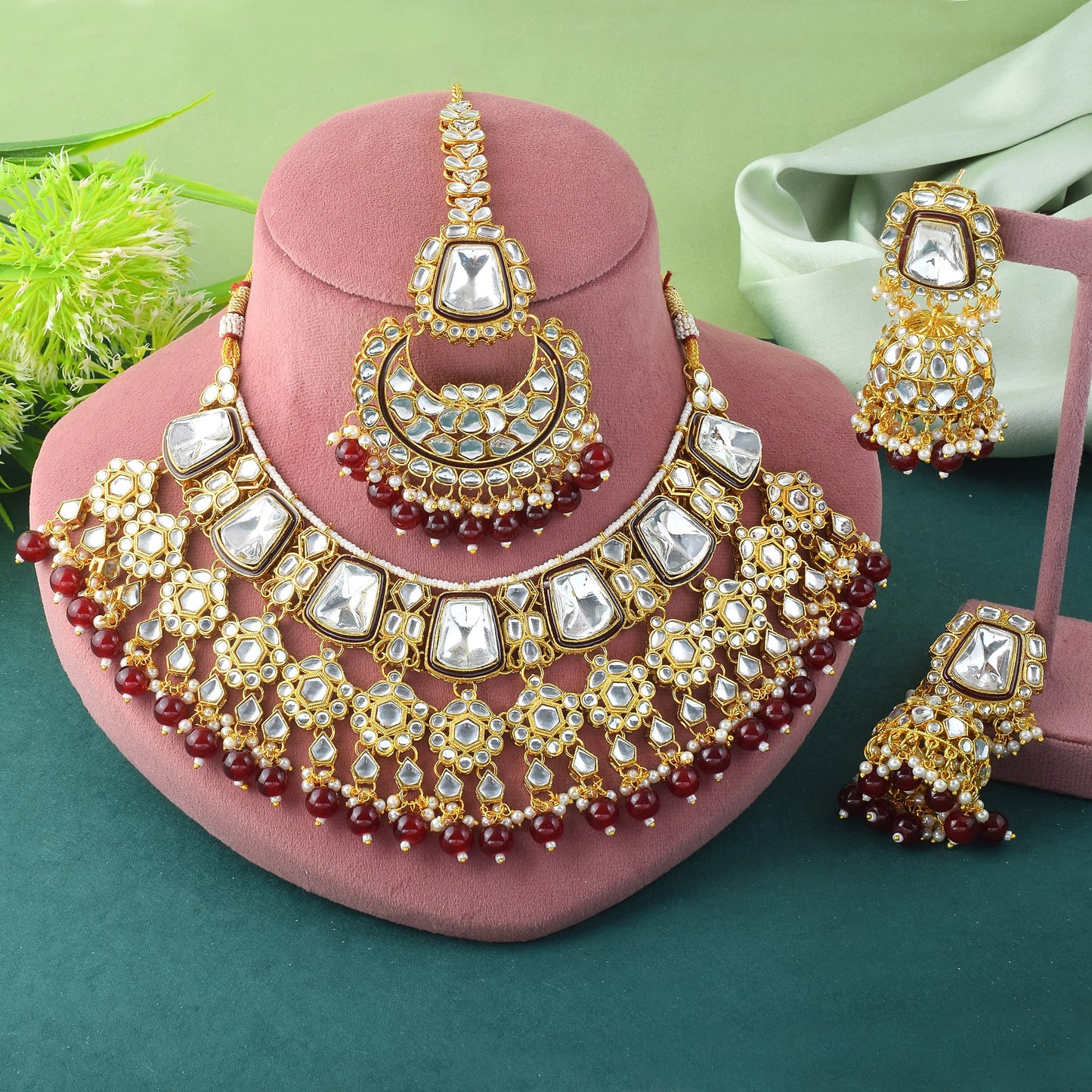 Classic Maroon Kundan Bridal Necklace Set with Maang Tikka