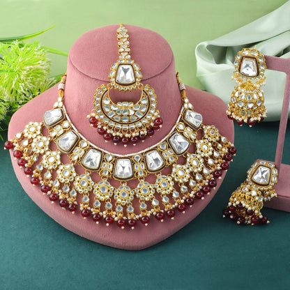Classic Maroon Kundan Bridal Necklace Set with Maang Tikka