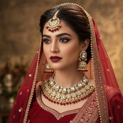 Classic Maroon Kundan Bridal Necklace Set with Maang Tikka