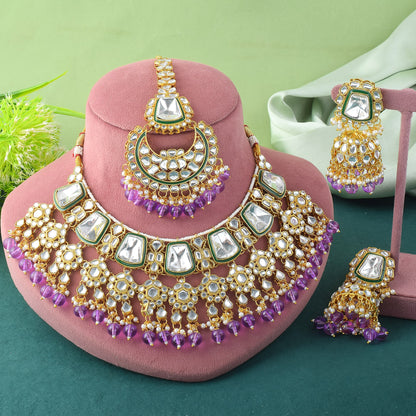 Classic Purple Kundan Bridal Necklace Set with Maang Tikka