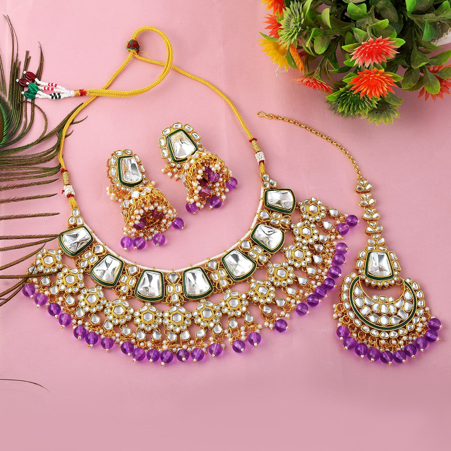 Classic Purple Kundan Bridal Necklace Set with Maang Tikka