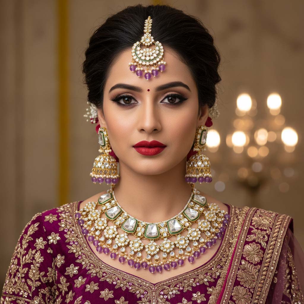 Classic Purple Kundan Bridal Necklace Set with Maang Tikka
