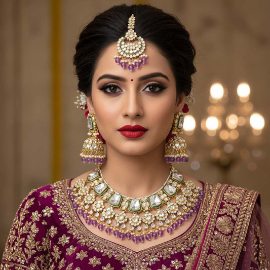Classic Purple Kundan Bridal Necklace Set with Maang Tikka