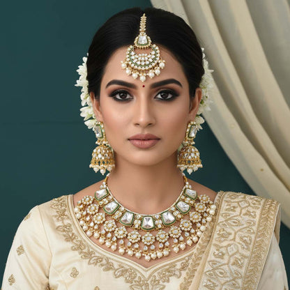 Classic White Kundan Bridal Necklace Set with Maang Tikka