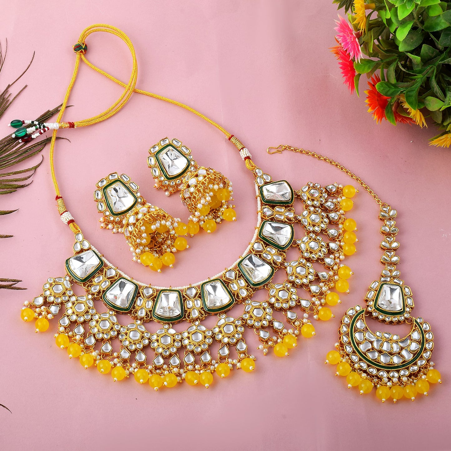 Classic Yellow Kundan Bridal Necklace Set with Maang Tikka