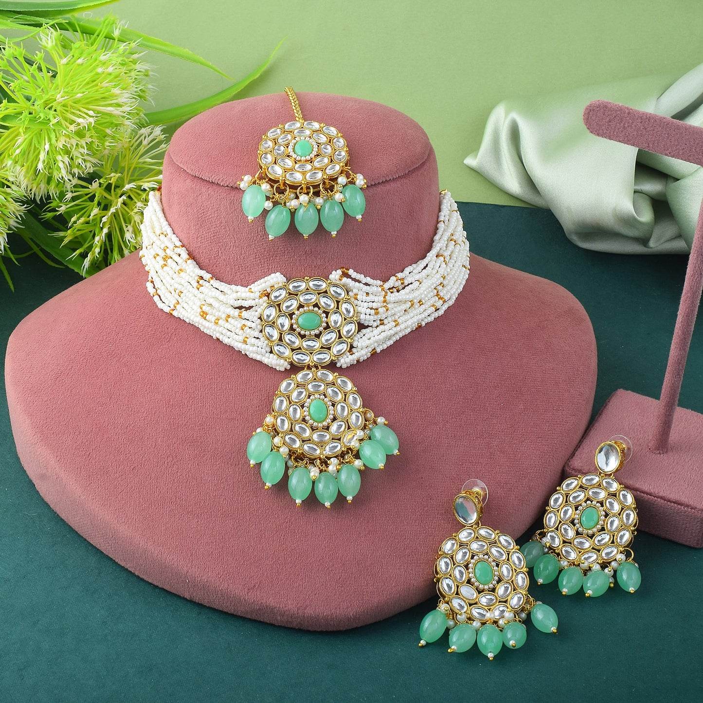 Classic Premium Mint color Kundan Necklace Set with Maang Tikka