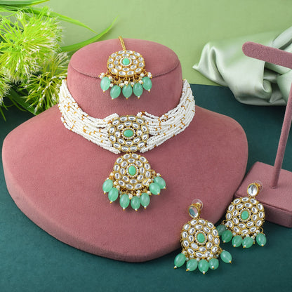 Classic Premium Mint color Kundan Necklace Set with Maang Tikka