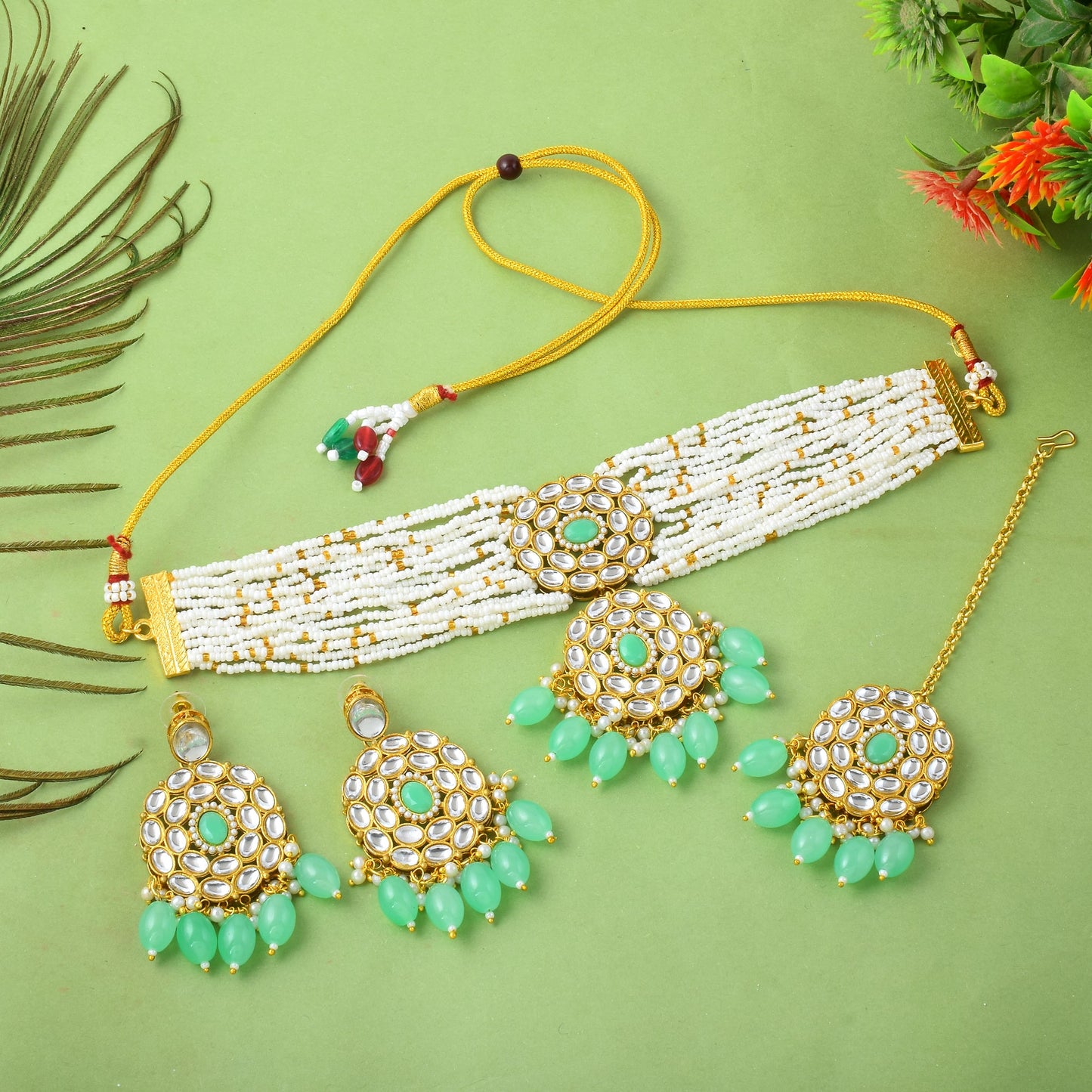 Classic Premium Mint color Kundan Necklace Set with Maang Tikka