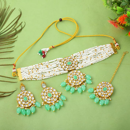 Classic Premium Mint color Kundan Necklace Set with Maang Tikka