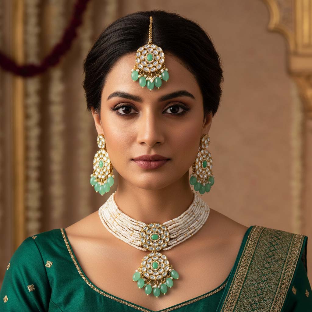 Classic Premium Mint color Kundan Necklace Set with Maang Tikka