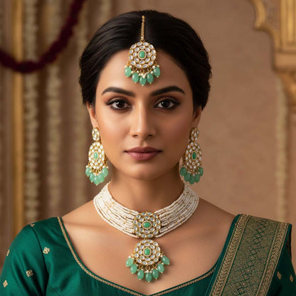 Classic Premium Mint color Kundan Necklace Set with Maang Tikka