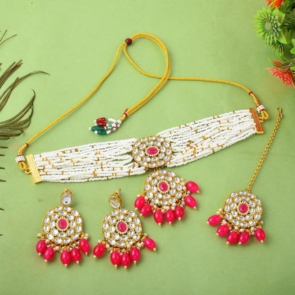 Classic Premium Pink color Kundan Necklace Set with Maang Tikka
