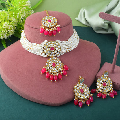Classic Premium Pink color Kundan Necklace Set with Maang Tikka
