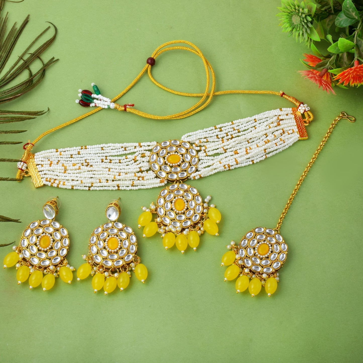 Classic Premium Yellow color Kundan Necklace Set with Maang Tikka
