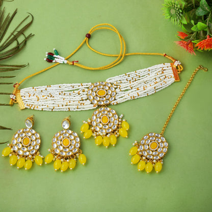 Classic Premium Yellow color Kundan Necklace Set with Maang Tikka