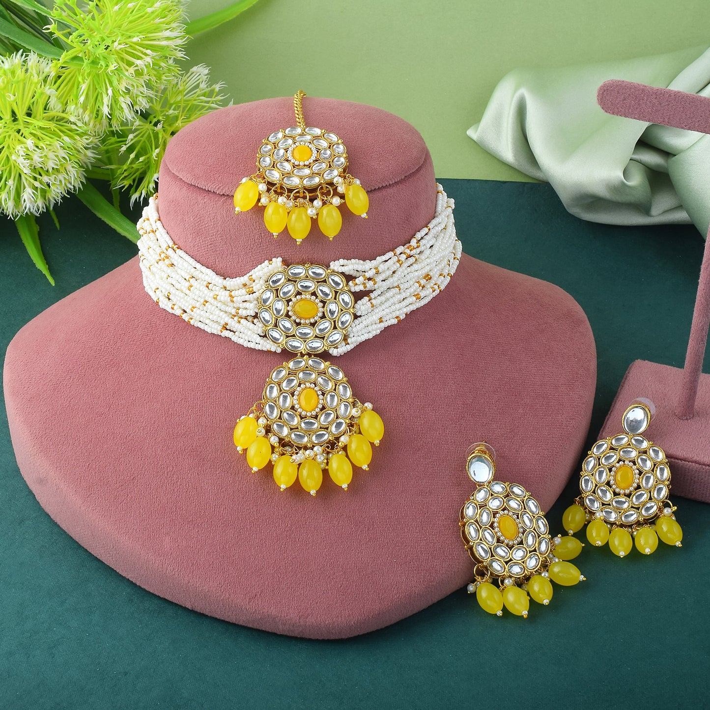 Classic Premium Yellow color Kundan Necklace Set with Maang Tikka