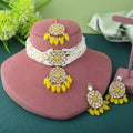 Classic Premium Yellow color Kundan Necklace Set with Maang Tikka