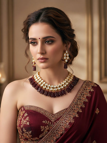 Classic Premium Maroon Kundan Necklace Set