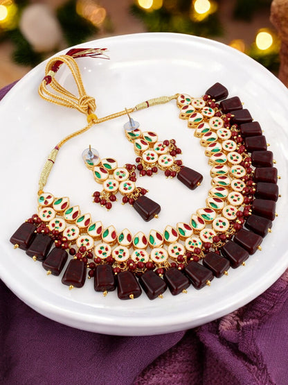Classic Premium Maroon Kundan Necklace Set
