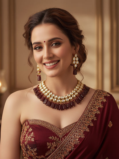 Classic Premium Maroon Kundan Necklace Set