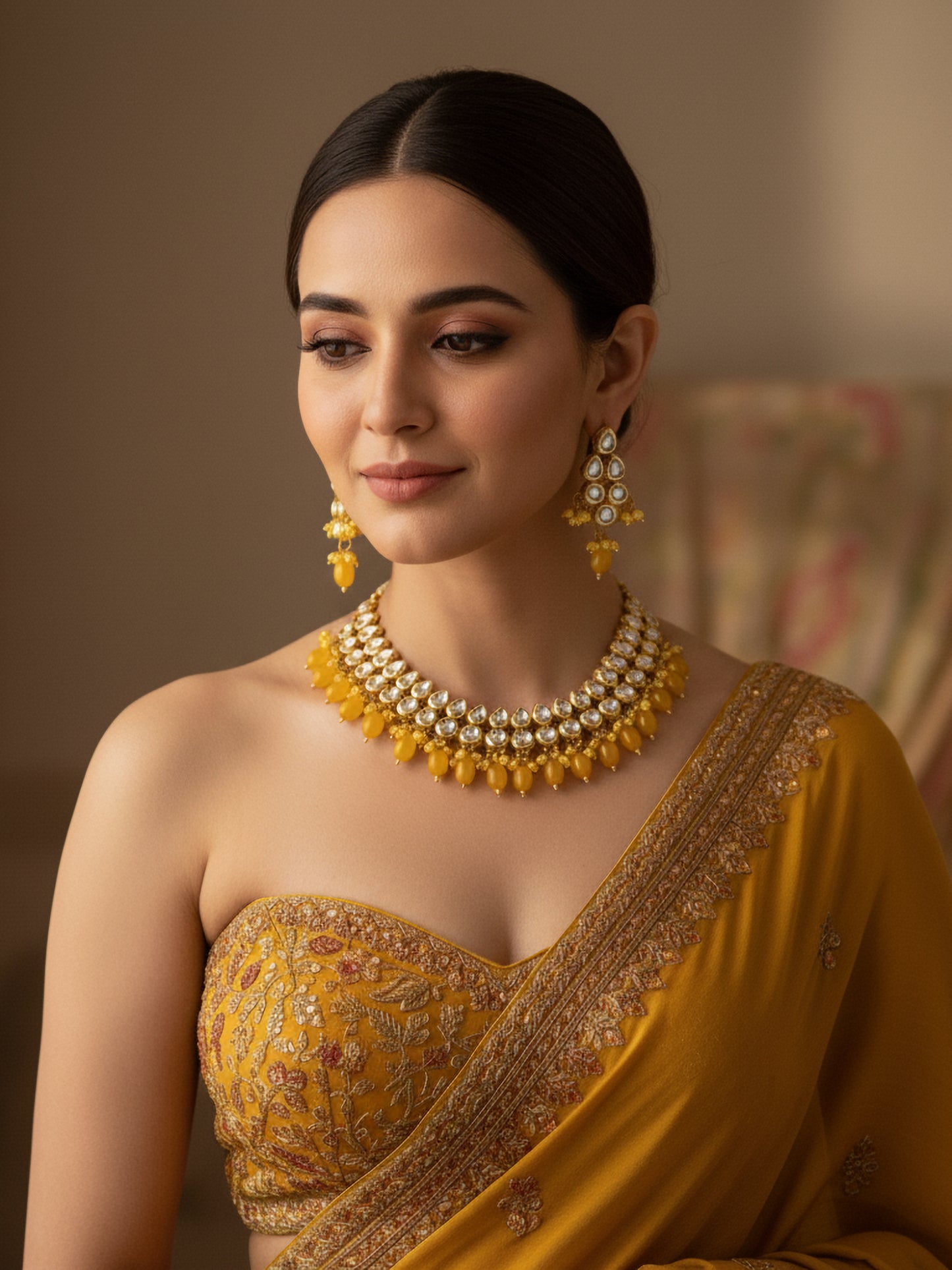 Classic Premium Yellow Kundan Necklace Set