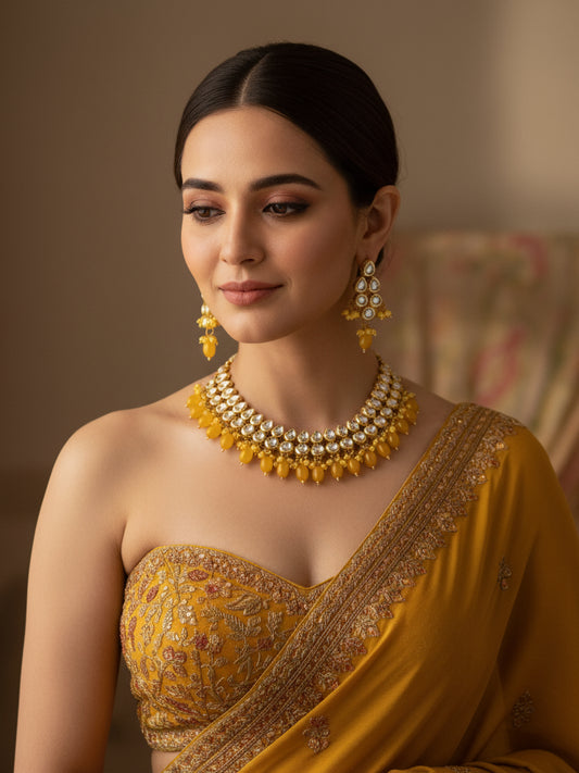 Classic Premium Yellow Kundan Necklace Set