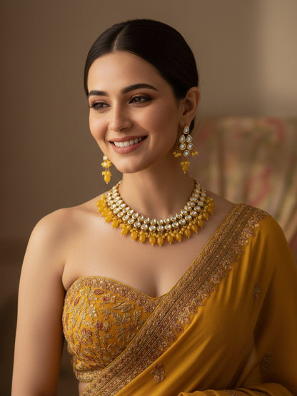 Classic Premium Yellow Kundan Necklace Set