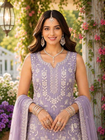Elegant Designer Lavendar Readymade Chiffon Gharara Salwar Suit