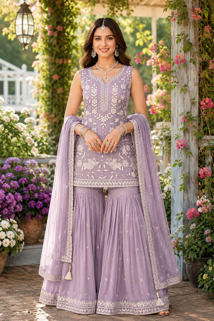Elegant Designer Lavendar Readymade Chiffon Gharara Salwar Suit
