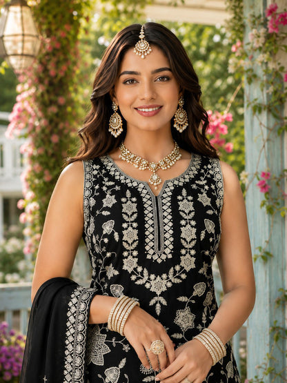 Elegant Designer Black Readymade Chiffon Gharara Salwar Suit