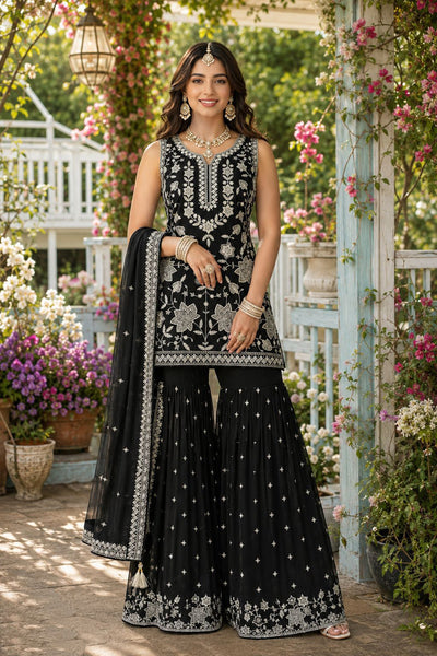 Elegant Designer Black Readymade Chiffon Gharara Salwar Suit