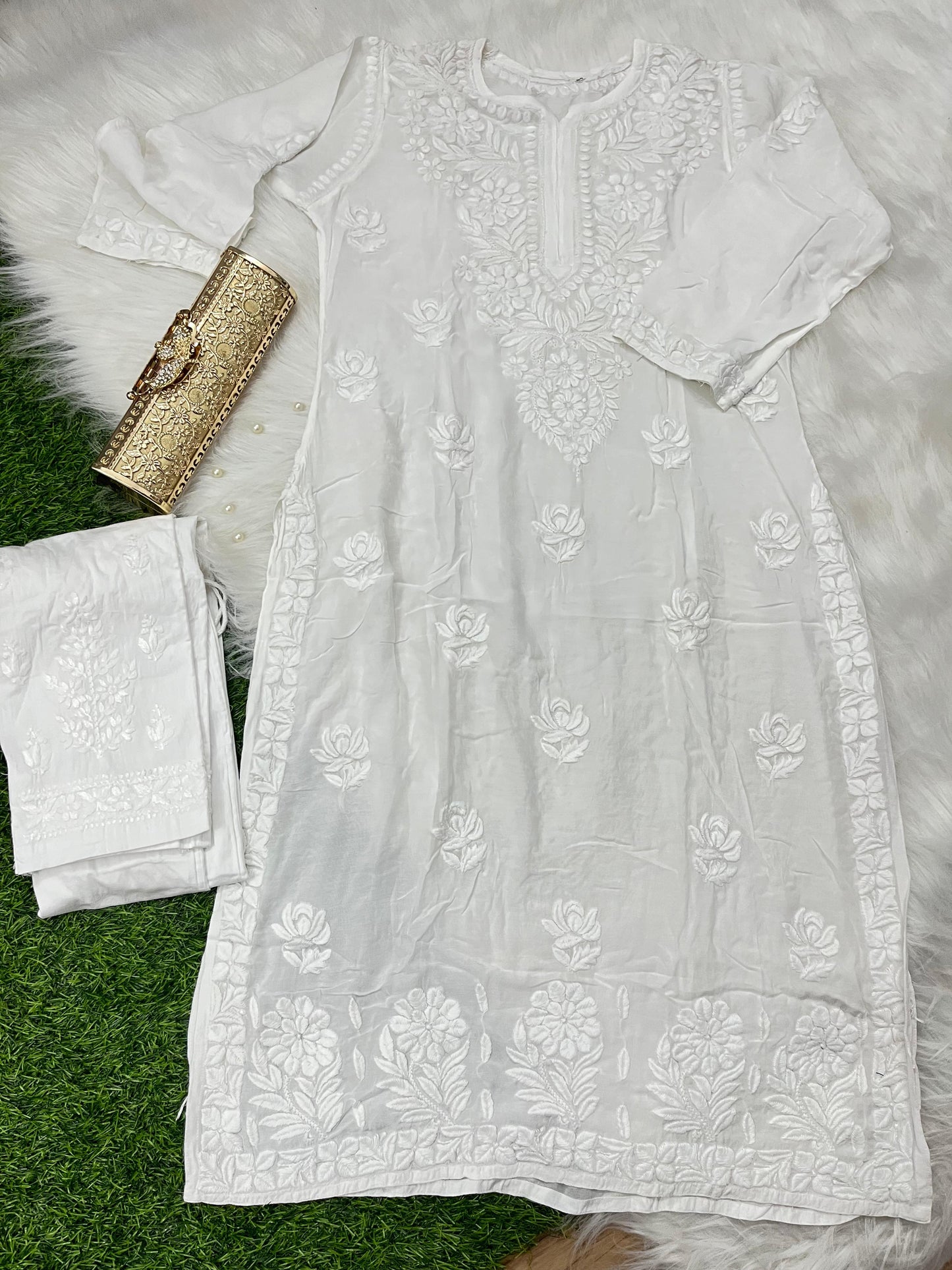 White Designer Muslin Kurti Quraishiya Button Lucknow Chikankari Pant Set