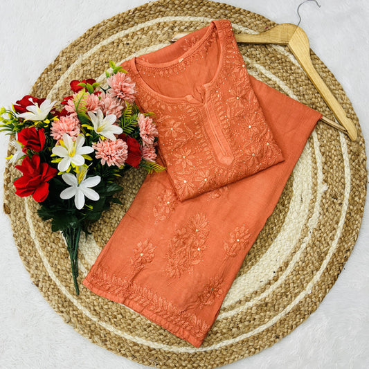 Orange Lucknowi Chikankari Mukesh Work Cotton Kurti & Palazzo Matching Co-ord Set ❤️