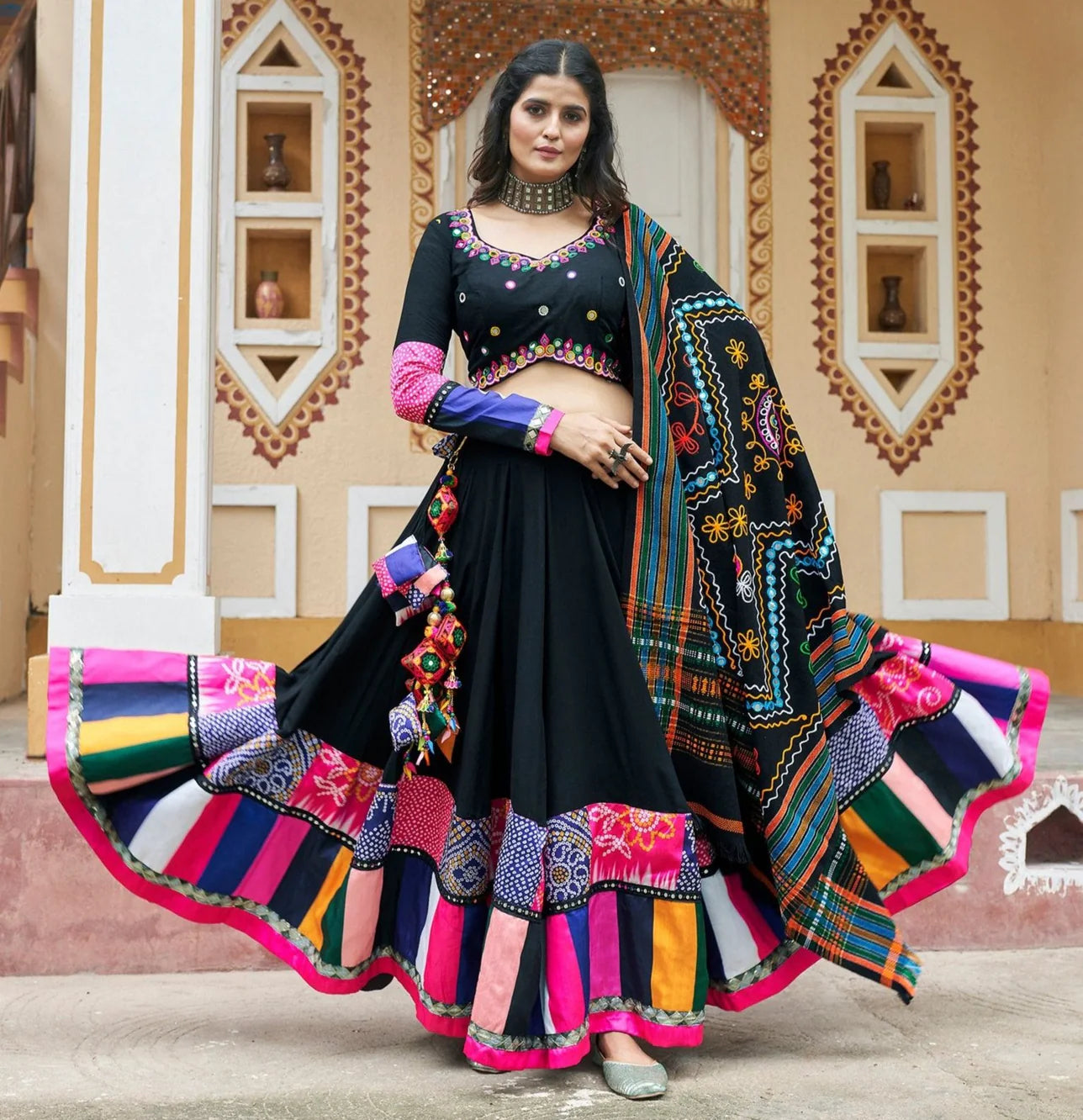 Premium Black Printed and Embroidered Mirror Work Navratri Lehenga Choli