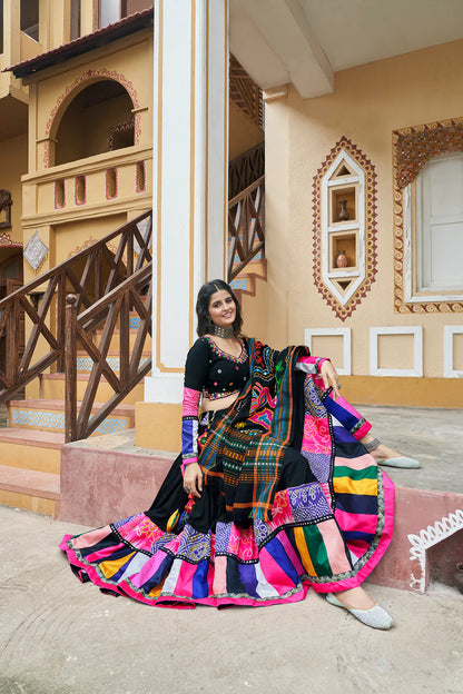 Premium Black Printed and Embroidered Mirror Work Navratri Lehenga Choli