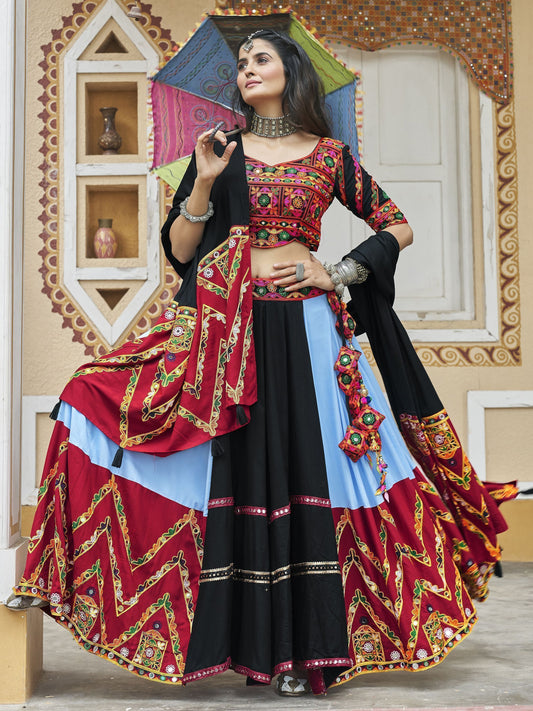 Classic Black Multicolor Embroidered Rayon Navratri Lehenga Choli