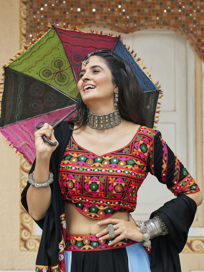 Classic Black Multicolor Embroidered Rayon Navratri Lehenga Choli