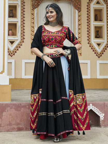 Classic Black Multicolor Embroidered Rayon Navratri Lehenga Choli