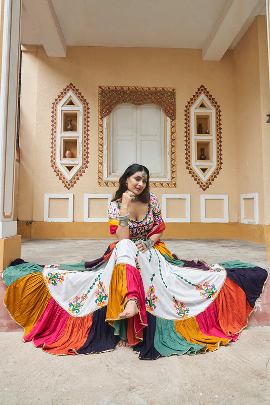 Premium White Printed and Embroidered Mirror Work Navratri Lehenga Choli 9 Meter Flair