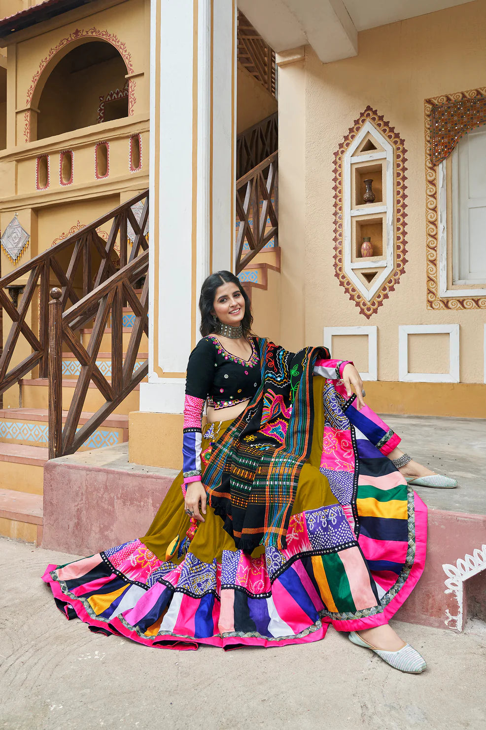 Premium Dark Yellow Printed and Embroidered Mirror Work Navratri Garba Chaniya Choli