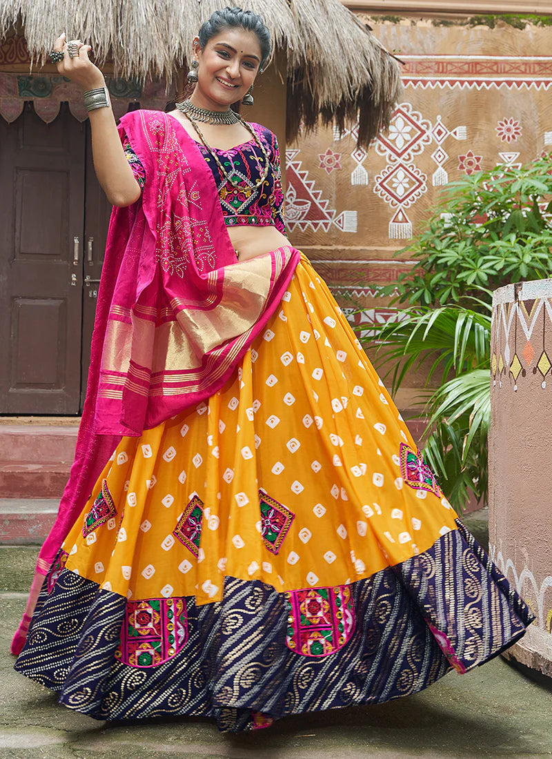 Yellow Viscose Rayon Navratri Garba Chaniya Choli with Heavy Work Dupatta