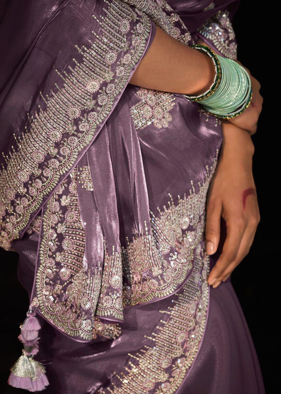 Lavender Shining Pure Crystal Silk Jimmy Choo Saree with Sequins & Zari