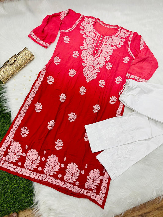 Red Designer Muslin Kurti Quraishiya Button Lucknow Chikankari Pant Set